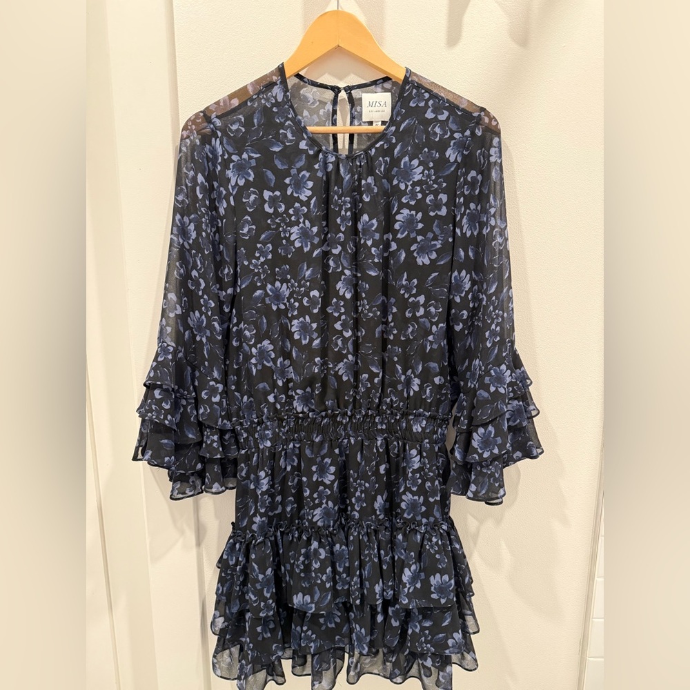 Misa Los Angeles Black Floral Long Sleeve Dress, M